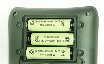Three AA rechargeable batteries in the open battery compartment