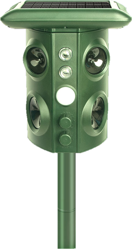 The QuietYard repeller: solar panel lid, twin LED strobes, PIR sensor, four ultrasonic speakers, two dials and a ground stake